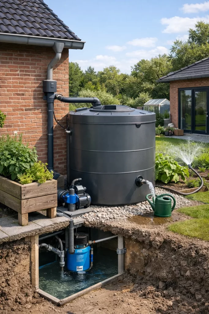 Praktisch systeem voor regenwateropvang met opslagtank en hergebruik in de tuin.