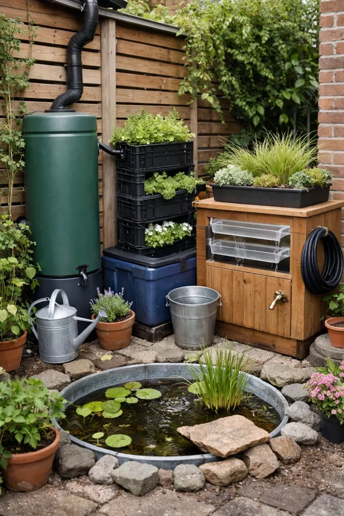 Slimme, ruimtebesparende oplossingen om regenwater op te vangen in een compacte tuin.