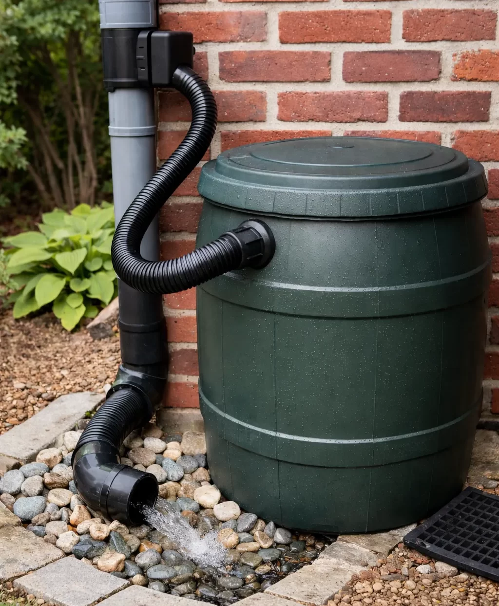 Overloopslang van regenton naar afvoer.