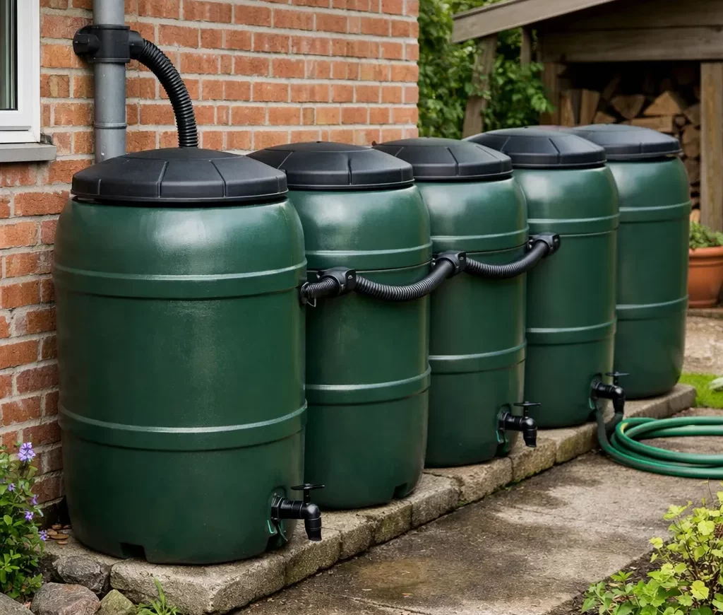Realistische foto van meerdere gekoppelde regentonnen naast een huis voor efficiënte regenwateropvang.