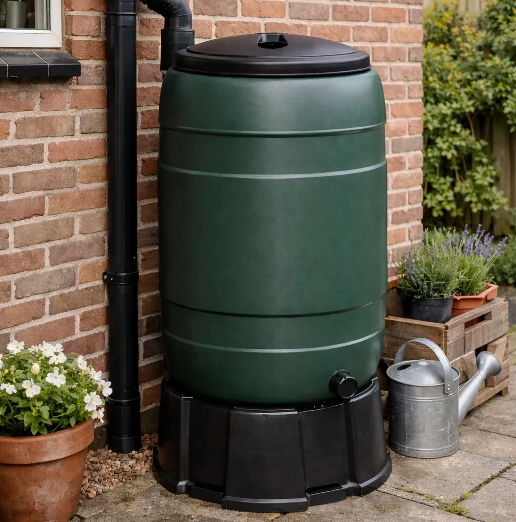 Groene regenton, klaar voor opvang van regenwater.