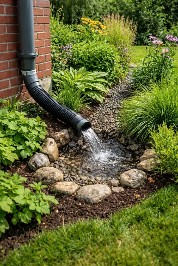Regenwater van de regenpijp wordt op een natuurlijke manier naar de tuin geleid.
