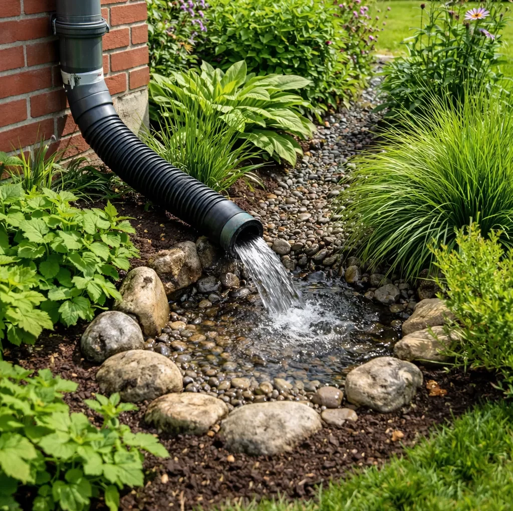 Regenwater van de regenpijp wordt op een natuurlijke manier naar de tuin geleid.