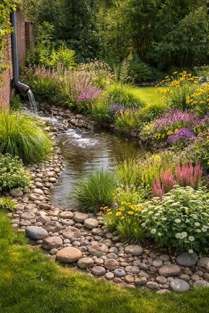 Natuurlijke infiltratie van regenwater in een groene tuin.