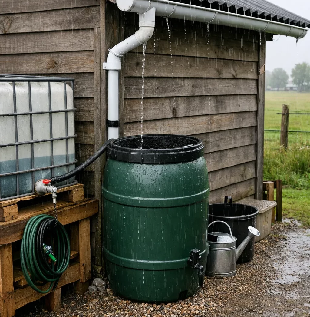 Een realistische foto van een schuur met dakgoot en regenton voor het opvangen van regenwater.