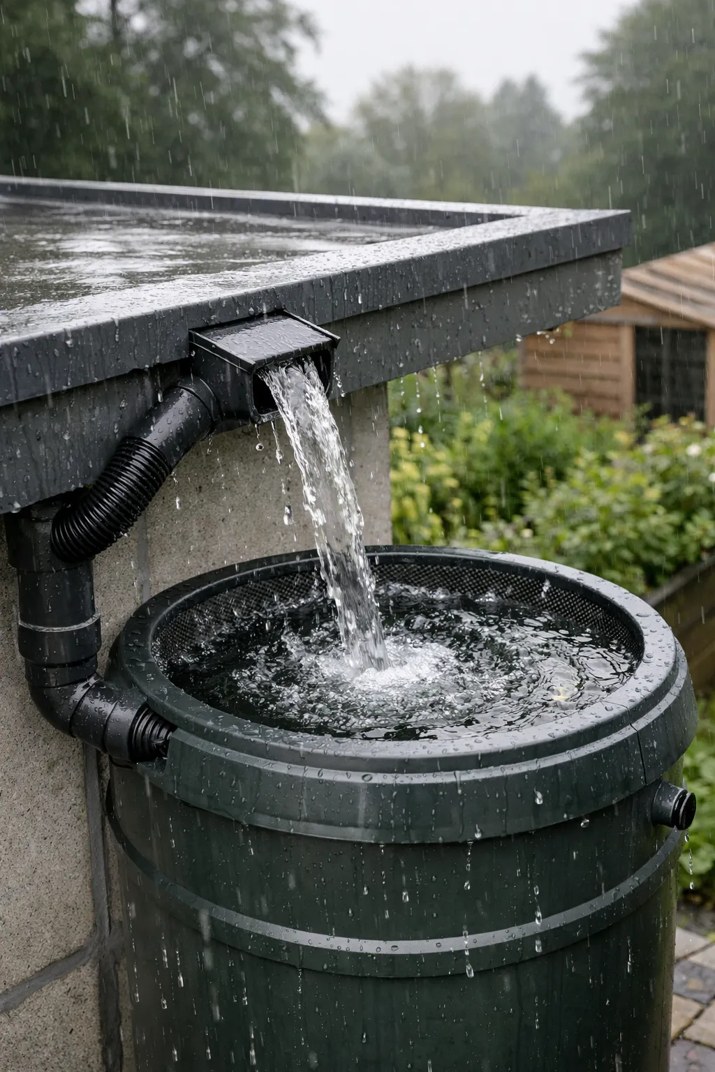 Regenwater stroomt van het platte dak via de afvoer naar een regenton voor hergebruik.