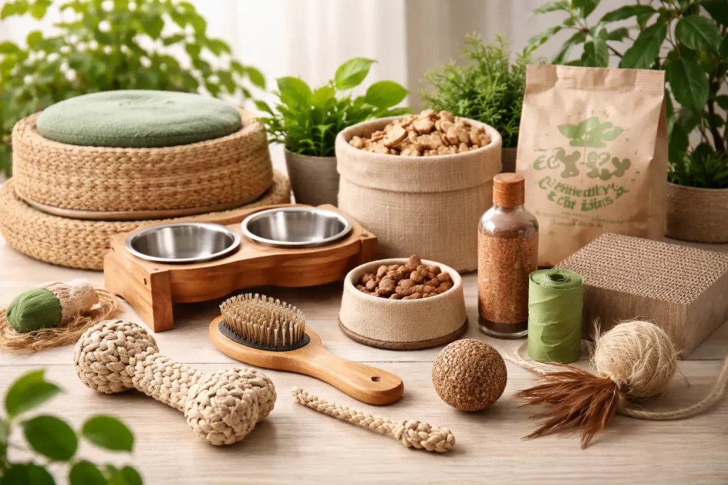 Milieuvriendelijke accessoires voor huisdieren van natuurlijke en herbruikbare materialen.