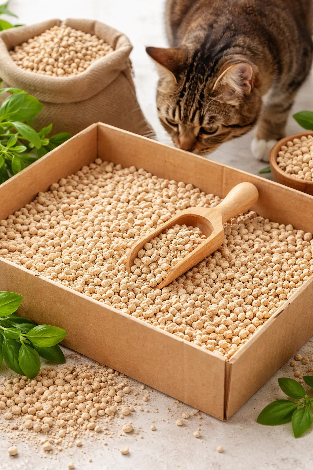 Natuurlijke, geurvrije kattenbakvulling van biologisch afbreekbaar materiaal, zacht voor katten en beter voor het milieu.