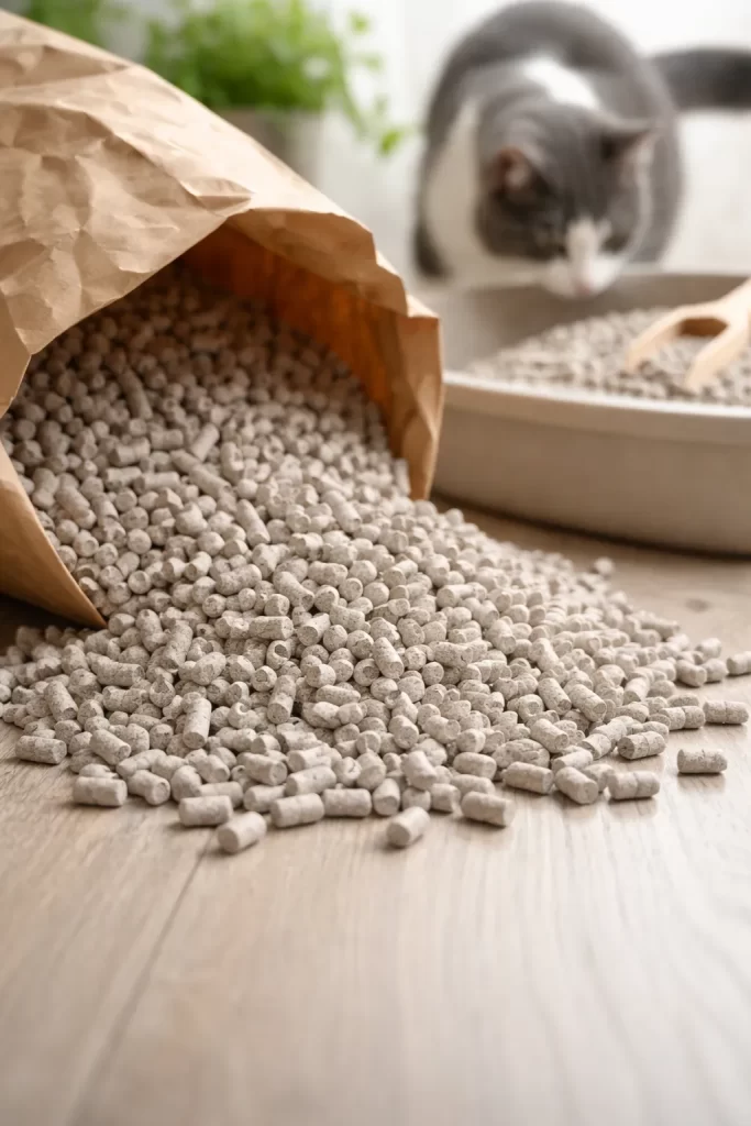 Duurzame en stofarme kattenbakvulling van gerecycled papier. Zacht voor kattenpoten en sterk absorberend.