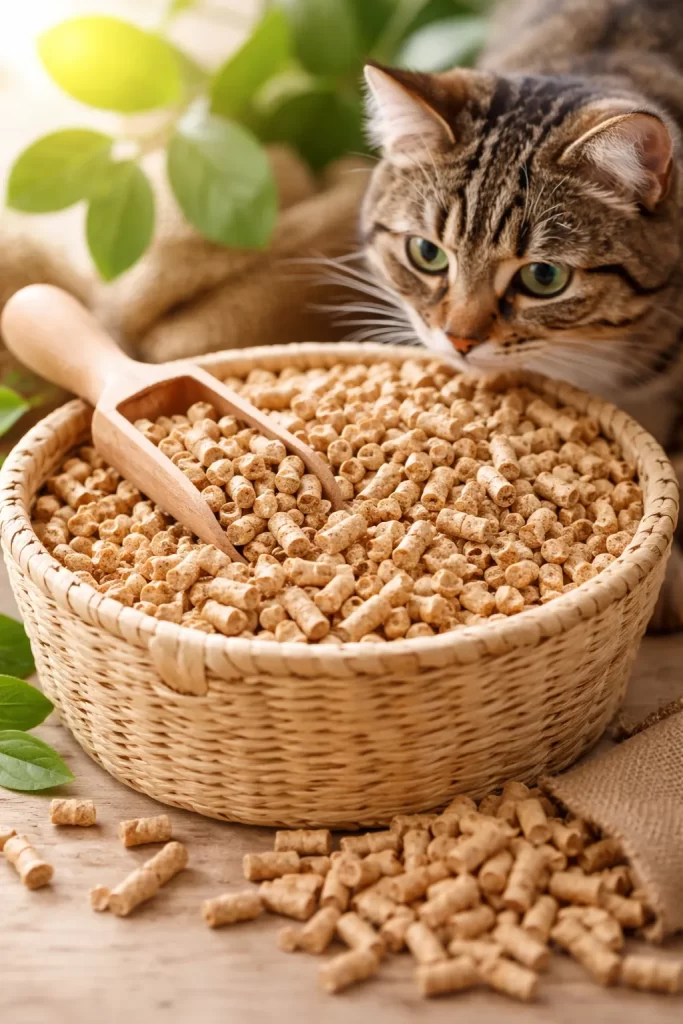 Natuurlijke en absorberende kattenbakvulling van houtkorrels, stofarm en milieuvriendelijk.