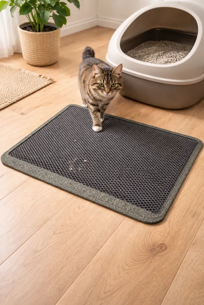 Stevige en milieuvriendelijke kattenbakmat, gemaakt van gerecycled materiaal en ontworpen om kattenbakvulling netjes op te vangen.