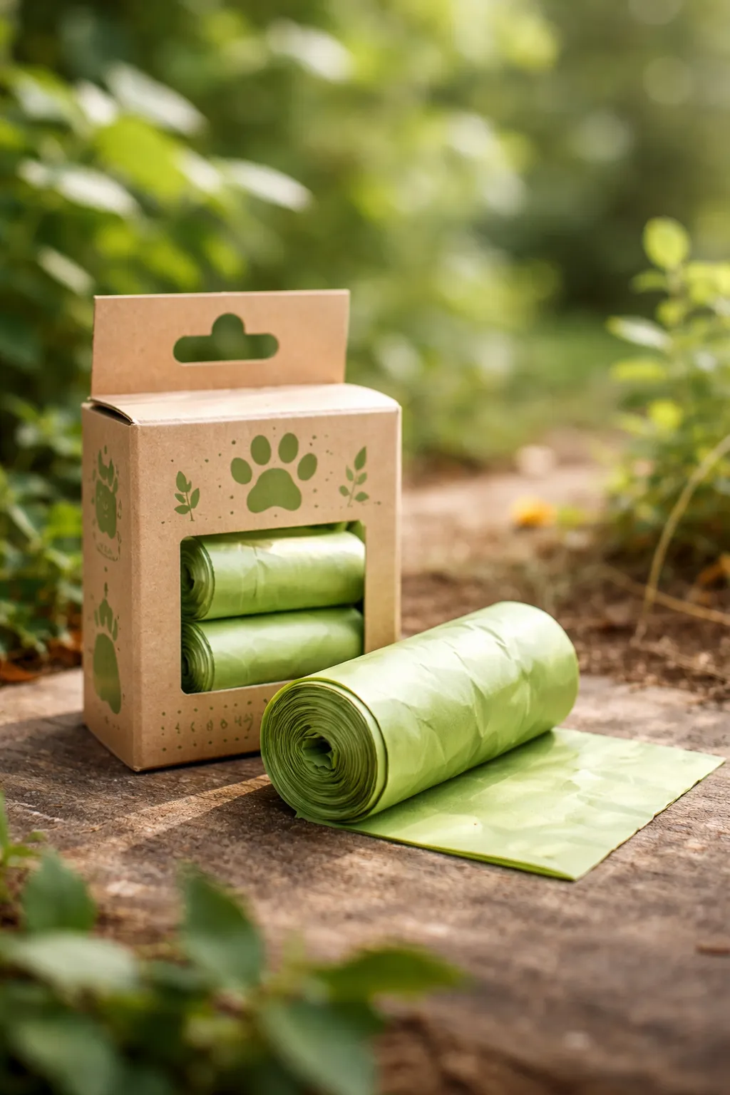 Milieuvriendelijke, geurloze poepzakjes voor honden in een natuurlijke en schone productfoto.