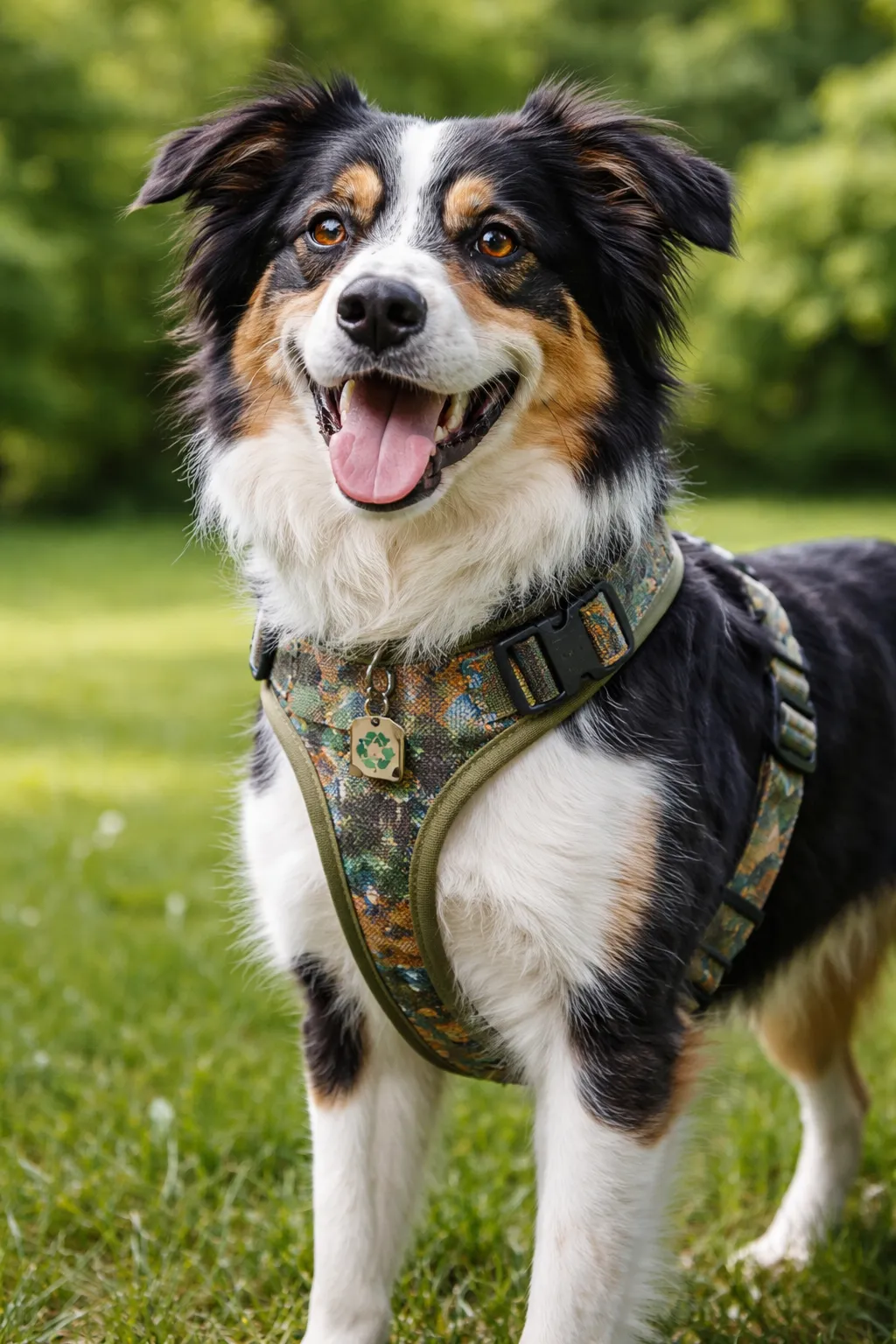 Duurzaam, stijlvol hondentuig van gerecyclede materialen voor dagelijkse wandelingen.
