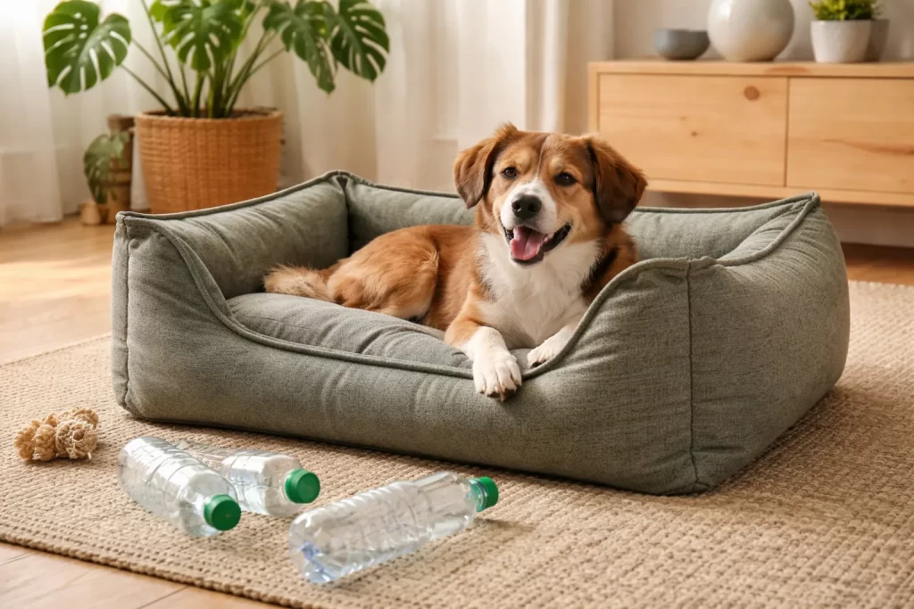 Comfortabele en milieuvriendelijke hondenmand, gemaakt van gerecyclede PET-flessen. Zacht, stijlvol en duurzaam.