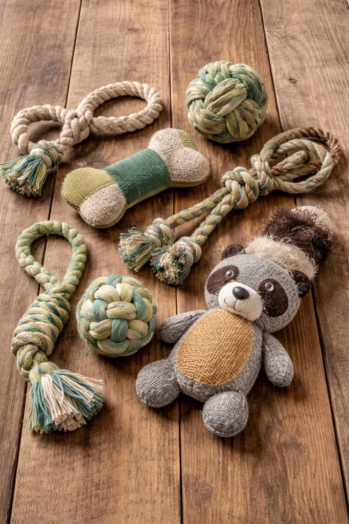 Duurzaam hondenspeelgoed gemaakt van gerecyclede materialen, sterk en speels.