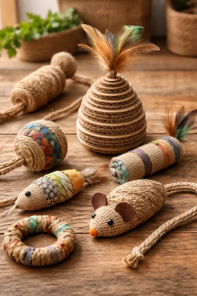 Duurzaam en speels kattenspeelgoed, gemaakt van gerecyclede materialen.