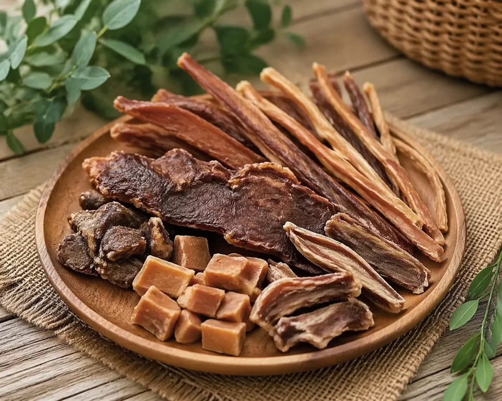 Pure, gedroogde hondensnacks van natuurlijke ingrediënten, zonder kunstmatige toevoegingen.