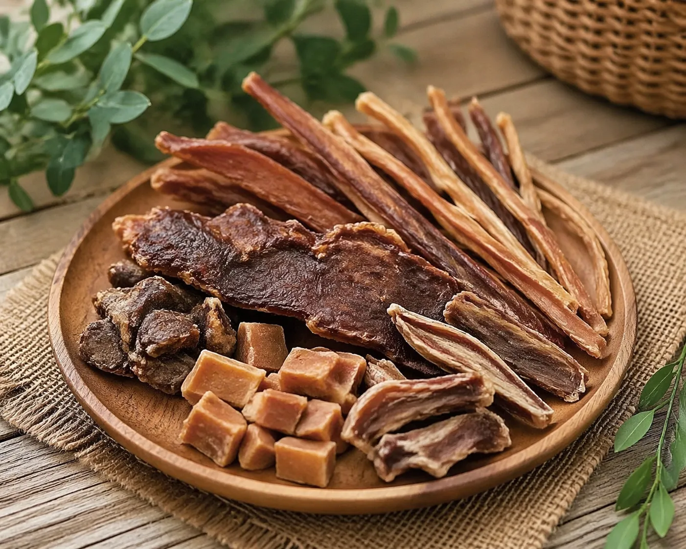 Pure, gedroogde hondensnacks van natuurlijke ingrediënten, zonder kunstmatige toevoegingen.